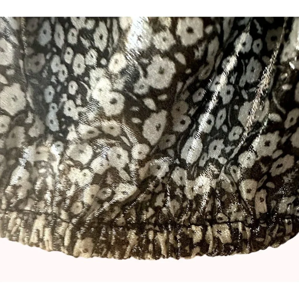 Free People XS Talk‎ That Talk Metallic Silver Floral Puff Sleeve Ruffle Top